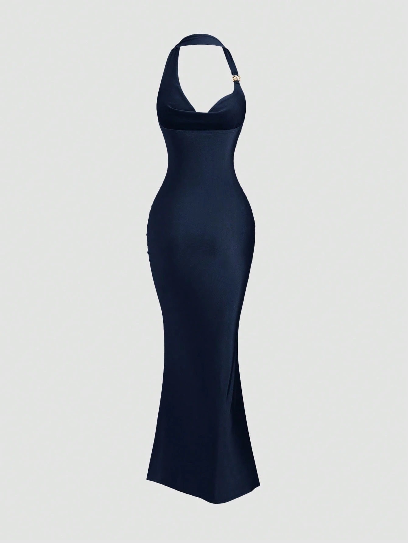 Navy Blue spaghetti strap belted long dress with a slim fit vintage silhouette and adjustable straps for women by Fashzeo.