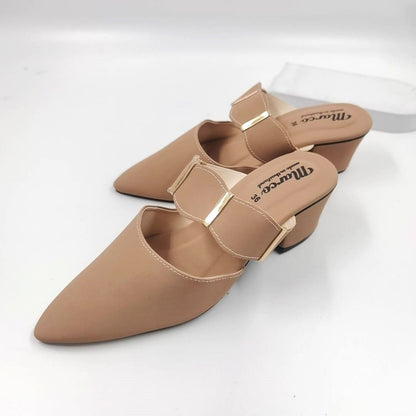 Elegant Pointed Toe Block Heels for Women – Stylish Leather Mules with Gold Strap