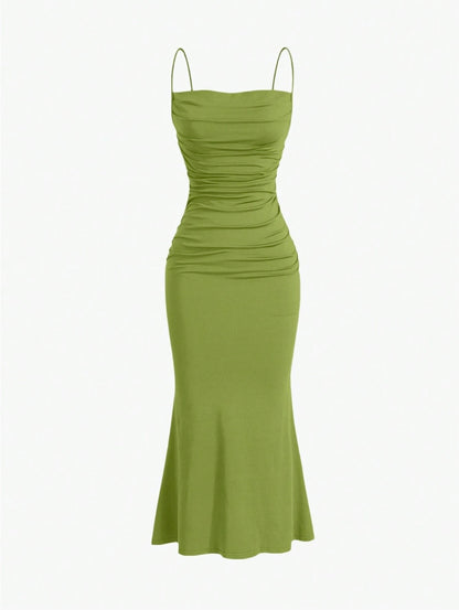 Elegant Pleated Mermaid Cami Maxi Dress – Ruched Backless Slip Dress for Evening & Parties