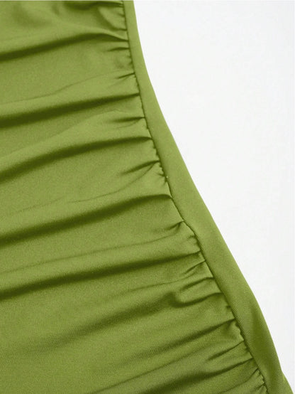 Elegant Pleated Mermaid Cami Maxi Dress – Ruched Backless Slip Dress for Evening & Parties