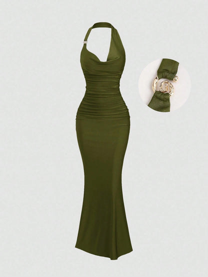 Olive Green spaghetti strap belted long dress with a slim fit vintage silhouette and adjustable straps for women by Fashzeo.