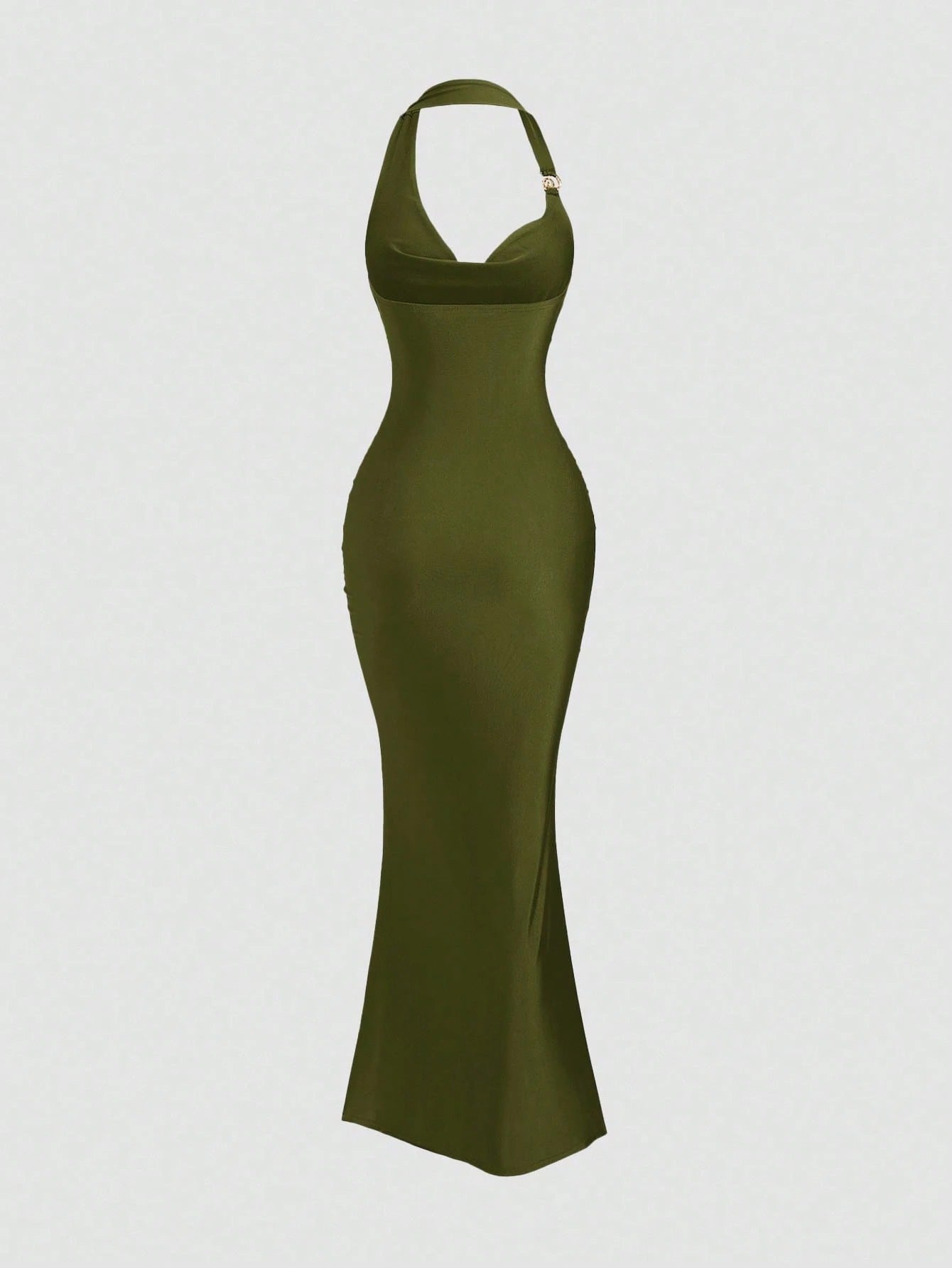 Olive Green spaghetti strap belted long dress with a slim fit vintage silhouette and adjustable straps for women by Fashzeo.