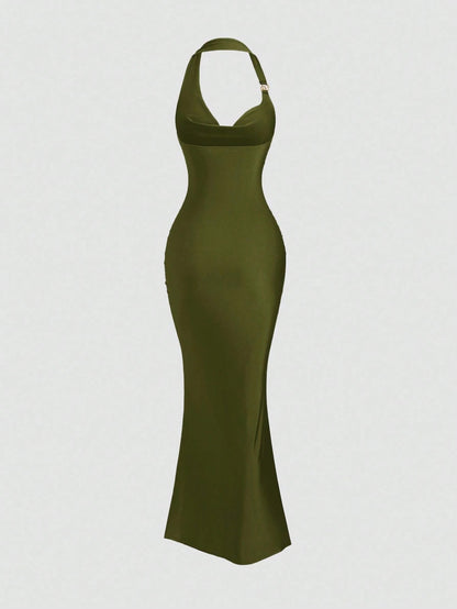 Olive Green spaghetti strap belted long dress with a slim fit vintage silhouette and adjustable straps for women by Fashzeo.