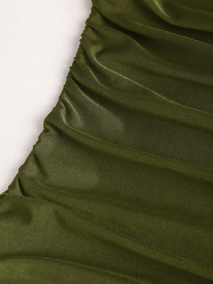 Olive Green spaghetti strap belted long dress with a slim fit vintage silhouette and adjustable straps for women by Fashzeo.