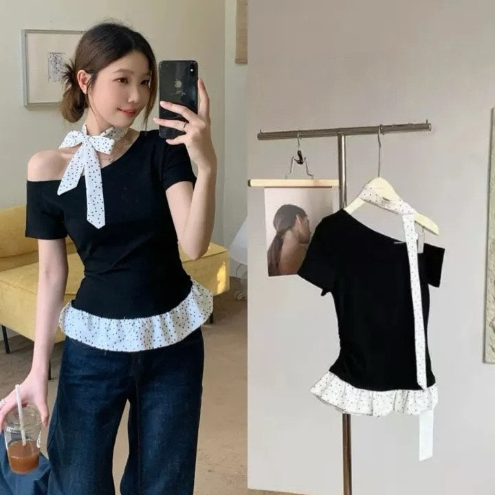 Korean Style Short Sleeve Crop Top with Choker – Ruffled Hem, Polka Dot Contrast, Slim Fit Cute Aesthetic Tee