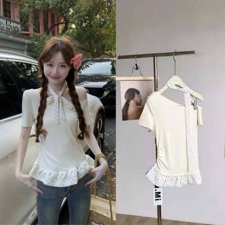 Korean Style Short Sleeve Crop Top with Choker – Ruffled Hem, Polka Dot Contrast, Slim Fit Cute Aesthetic Tee