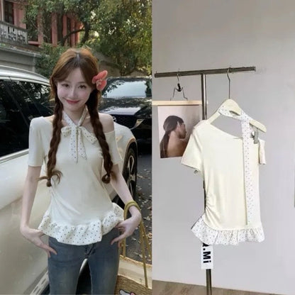 Korean Style Short Sleeve Crop Top with Choker – Ruffled Hem, Polka Dot Contrast, Slim Fit Cute Aesthetic Tee
