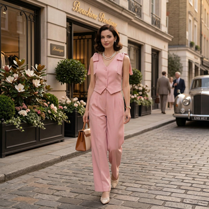 Fashzeo 2-piece pink co-ord set featuring a button-down vest with bow shoulders and matching pleated wide-leg trousers.