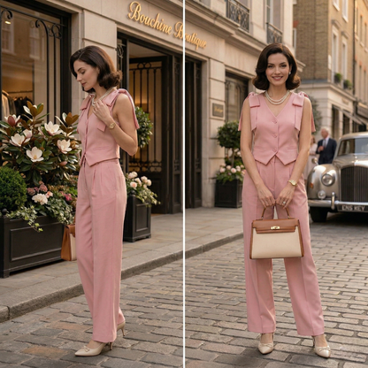 Fashzeo 2-piece pink co-ord set featuring a button-down vest with bow shoulders and matching pleated wide-leg trousers.