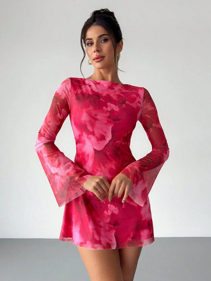 Pink Floral Mesh Mini Dress | Boat Neck & Flared Sleeves