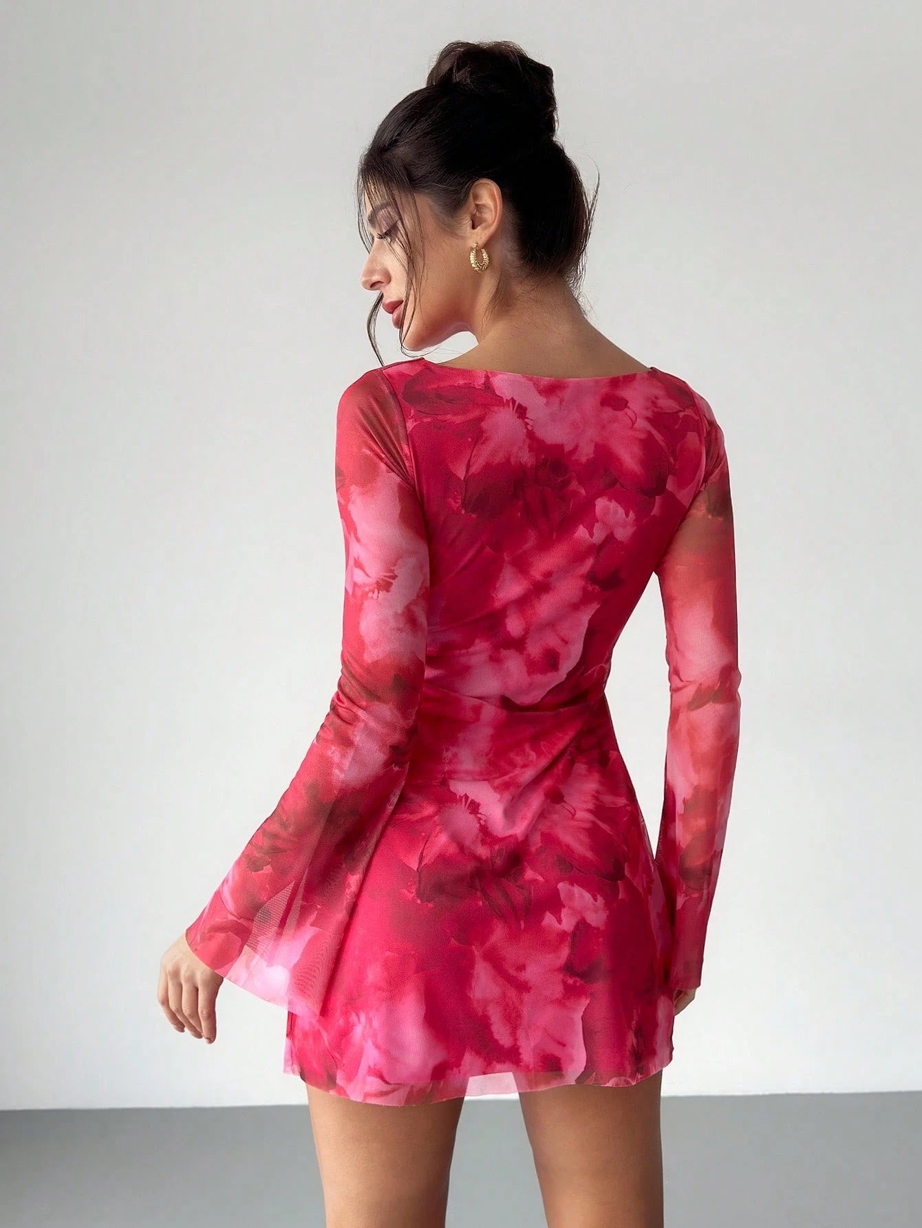 Pink Floral Mesh Mini Dress | Boat Neck & Flared Sleeves1