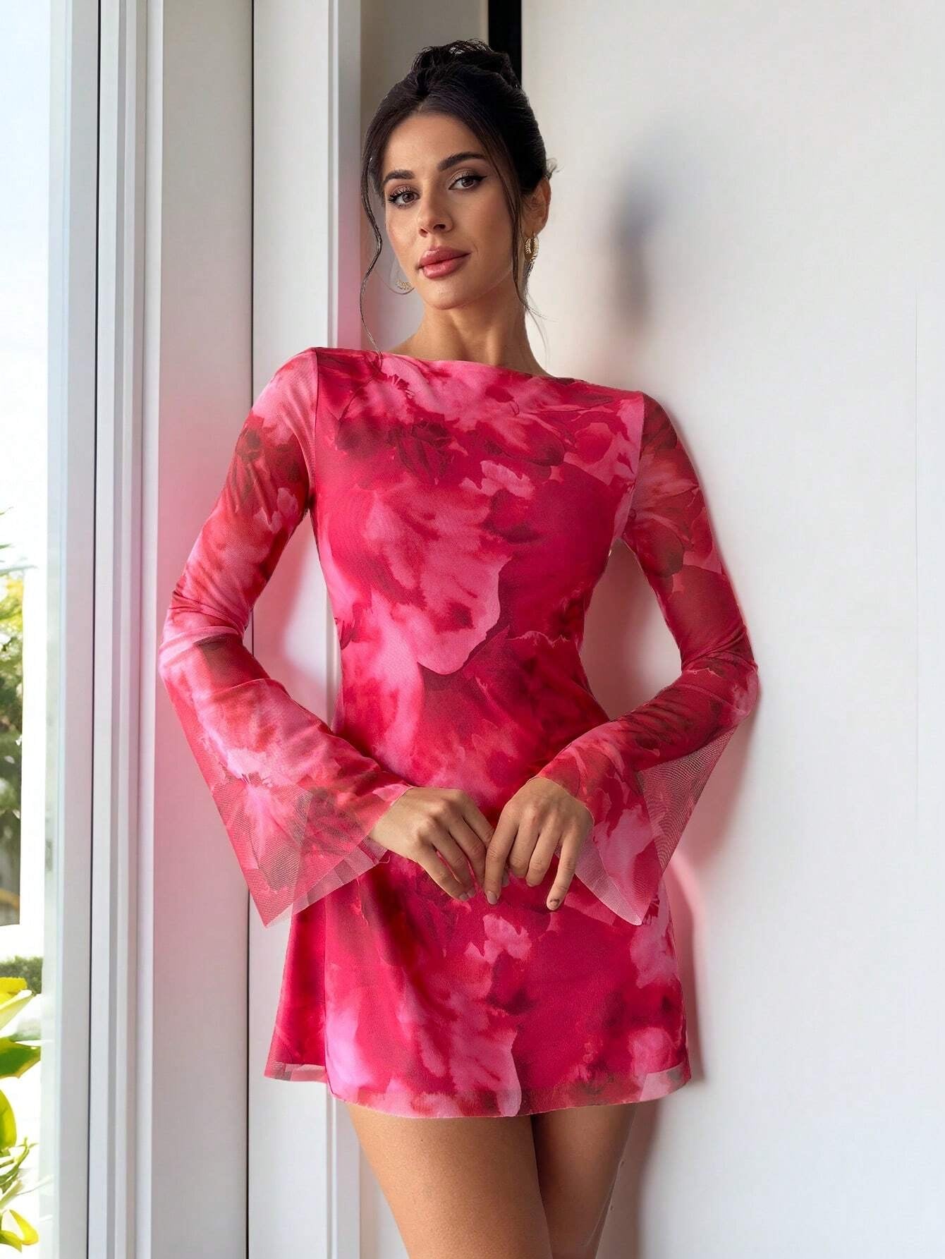 Pink Floral Mesh Mini Dress | Boat Neck & Flared Sleeves2