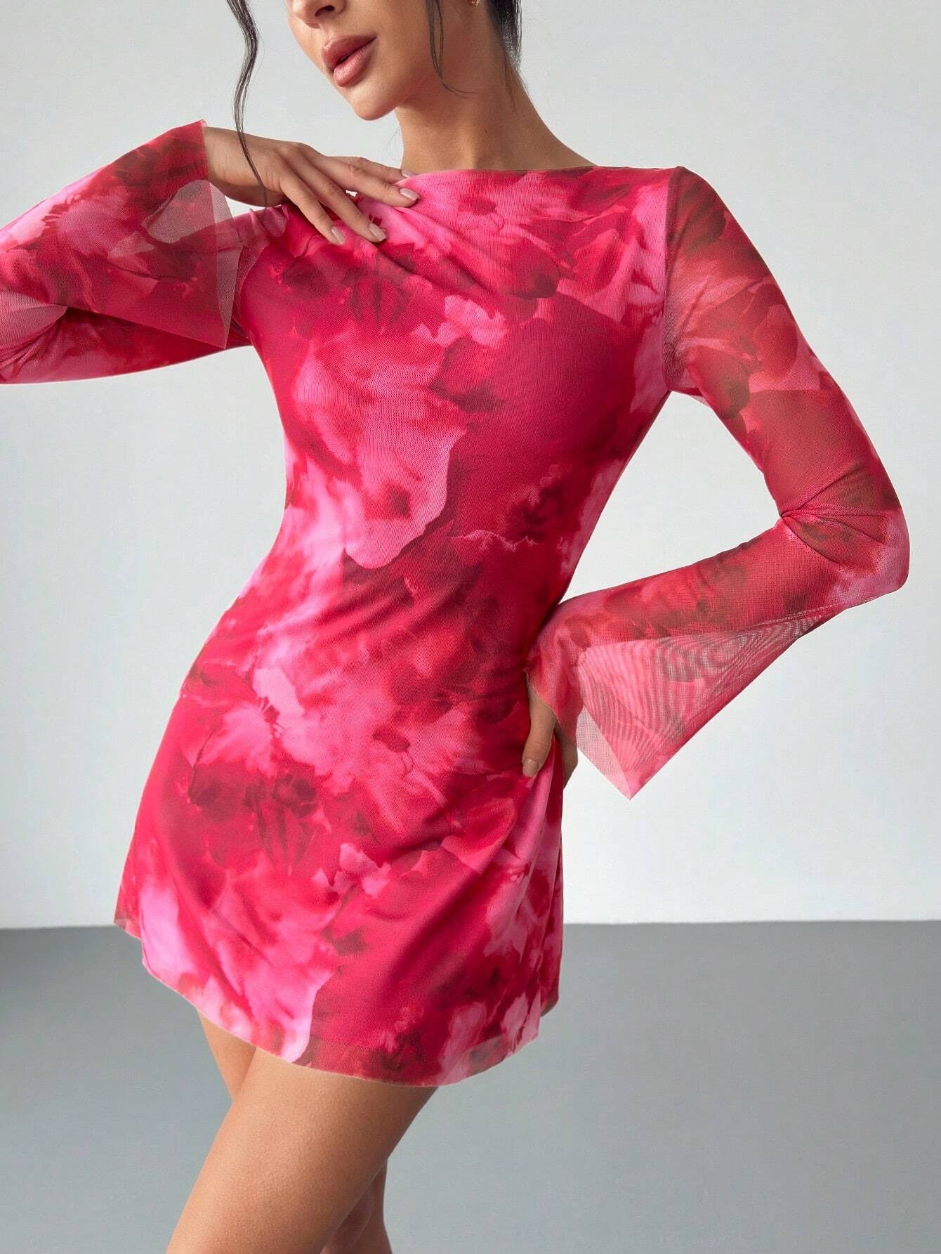 Pink Floral Mesh Mini Dress | Boat Neck & Flared Sleeves4