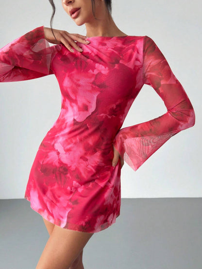 Pink Floral Mesh Mini Dress | Boat Neck & Flared Sleeves4