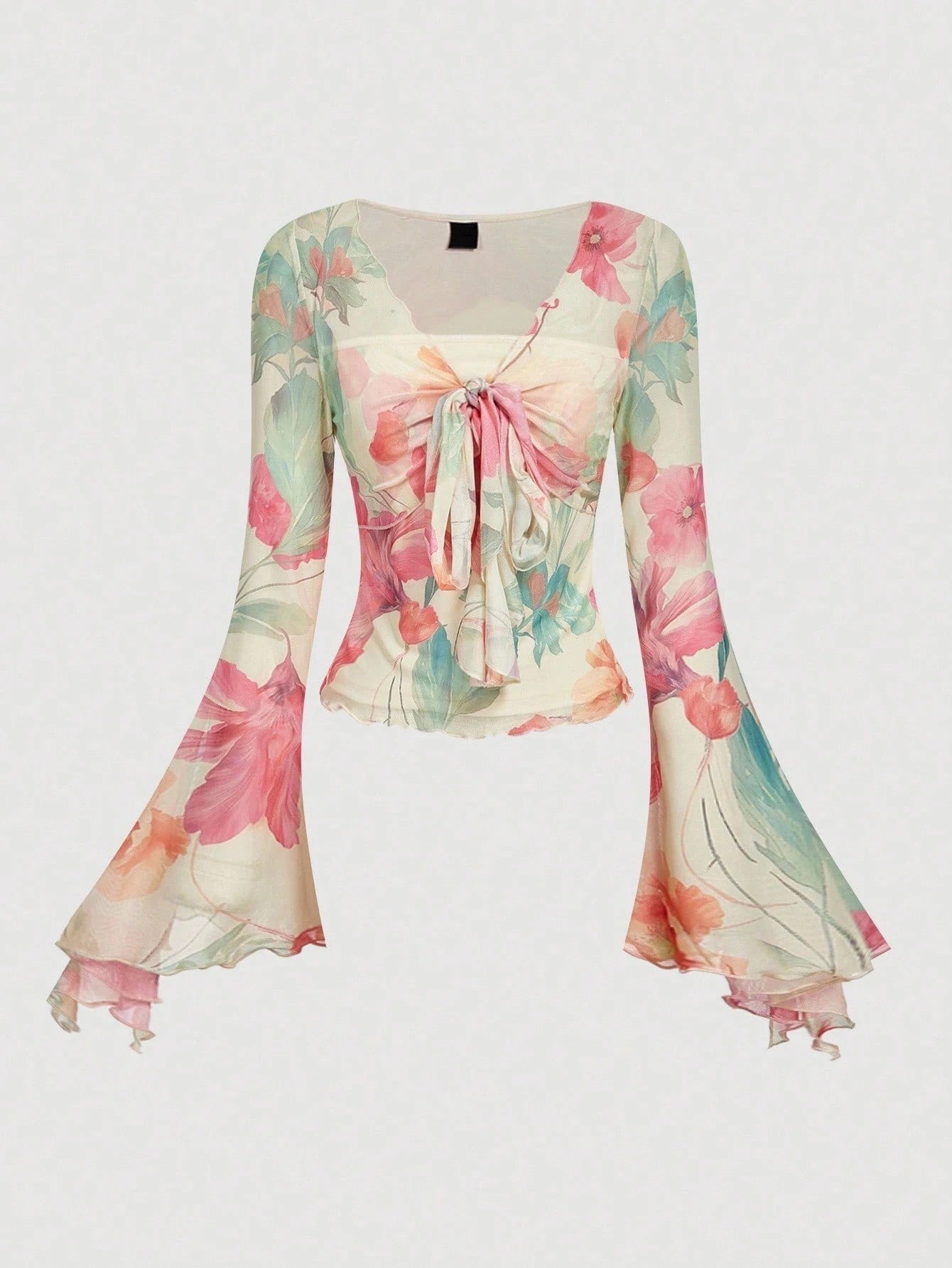 Pink and green floral print long-sleeve flare blouse with a V-neck and twist-front tie detail laid flat against a neutral background
