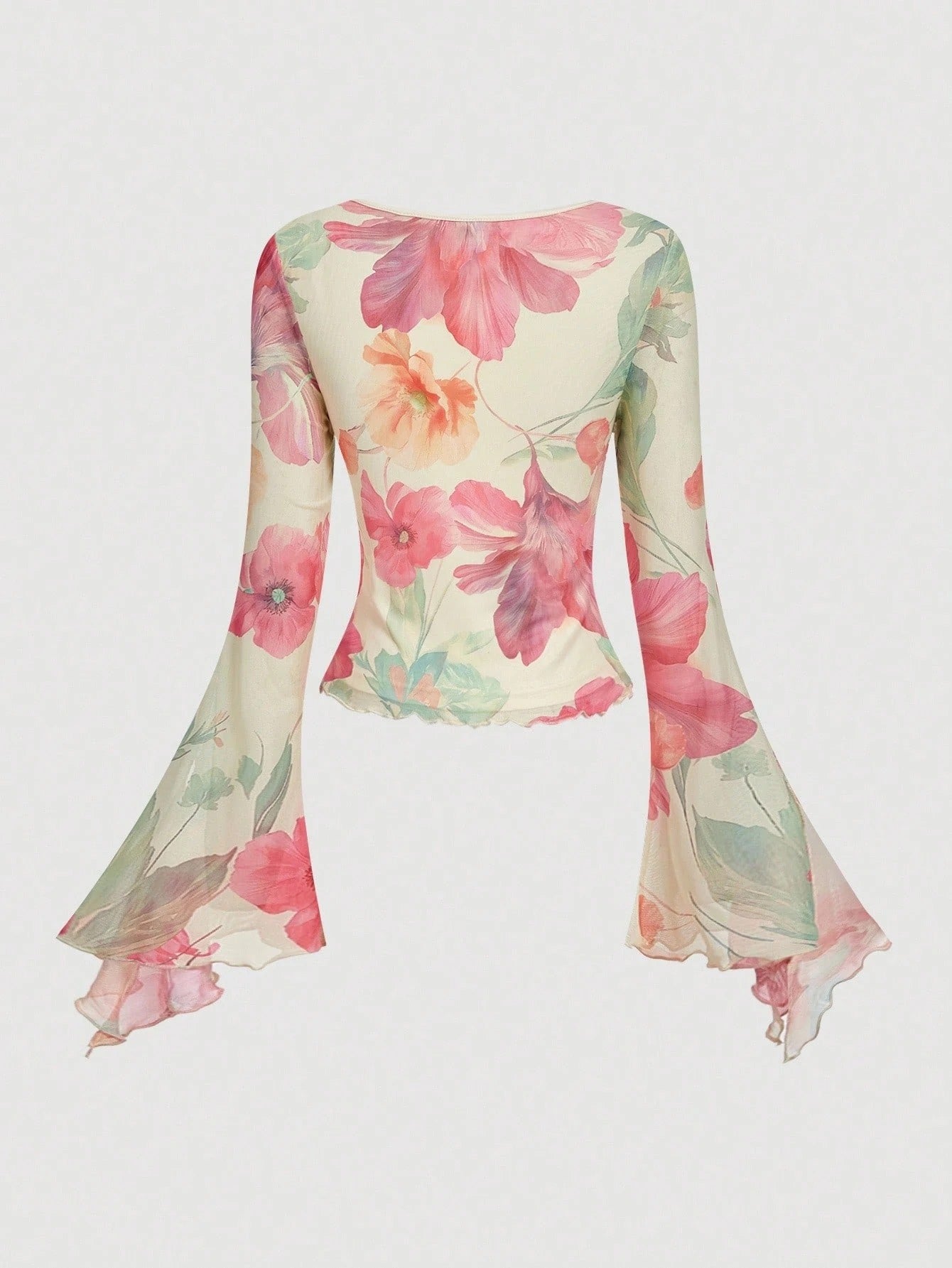 Pink and green floral print long-sleeve flare blouse with a V-neck and twist-front tie detail laid flat against a neutral background