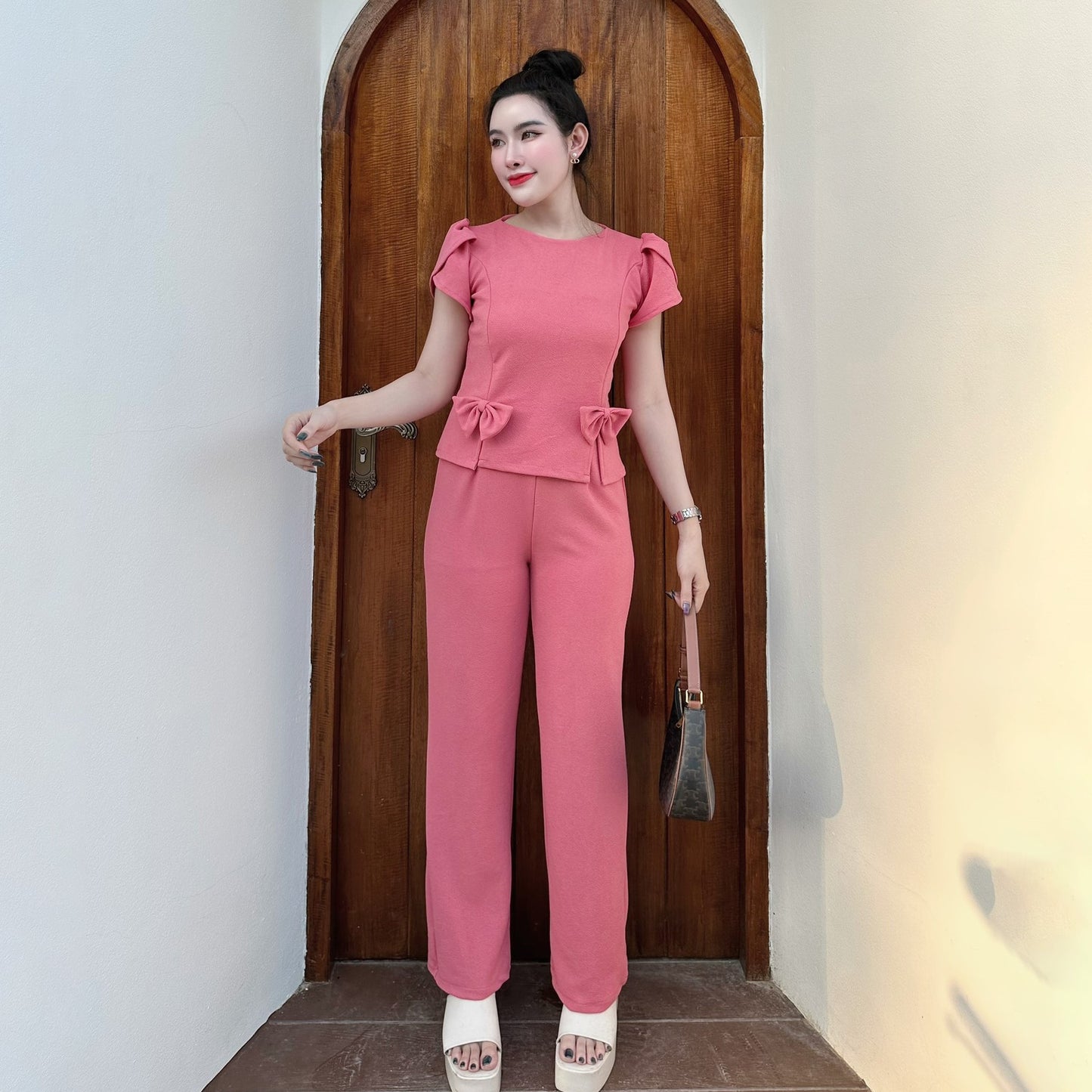 Wool Wave Co-ord Set with Rose Sleeve Bow Top & Wide-Leg Pants | Trendy Two-Piece Outfit