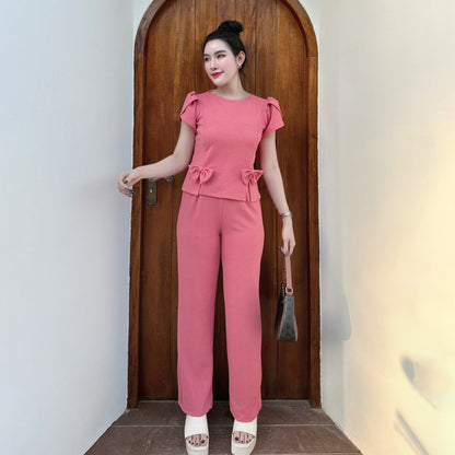 Wool Wave Co-ord Set with Rose Sleeve Bow Top & Wide-Leg Pants | Trendy Two-Piece Outfit