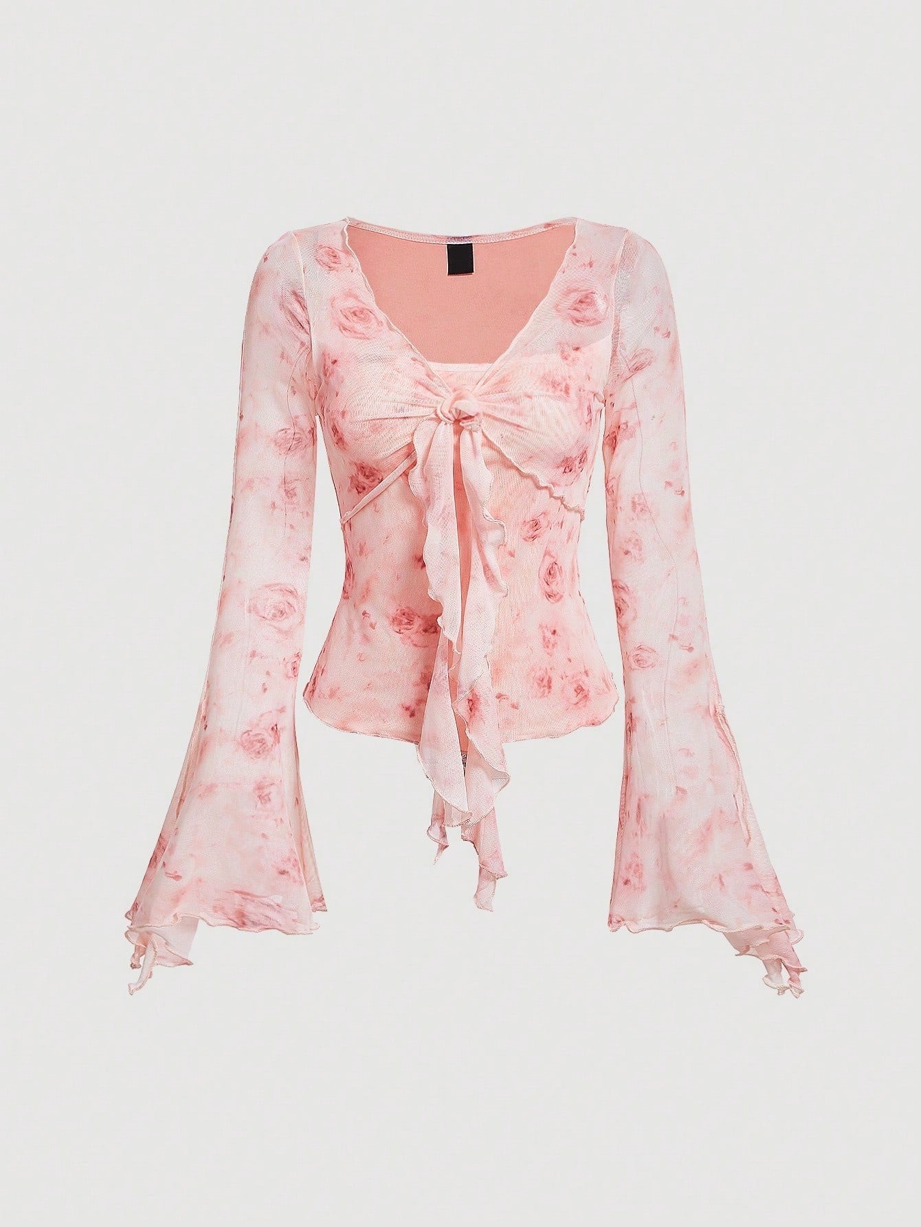Pink floral print sheer mesh long-sleeve top with a tie-front closure, V-neck, and dramatic bell sleeves on a neutral background.