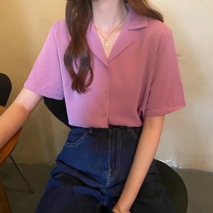 Women's Summer Chiffon Short-Sleeve Shirt with Button-Down Design | Casual Lightweight Blouse