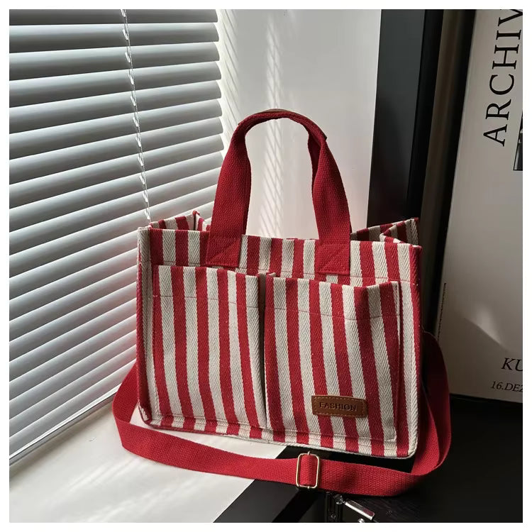 Women’s Striped Canvas Tote Bag – Large Capacity Shoulder & Crossbody Travel Handbag with Magnetic Closure