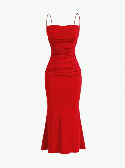 Elegant Pleated Mermaid Cami Maxi Dress – Ruched Backless Slip Dress for Evening & Parties