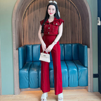 Stylish Wool Wave Co-ord Set with Collared Crop Top & High-Waisted Cuffed Pants | Trendy Two-Piece Set