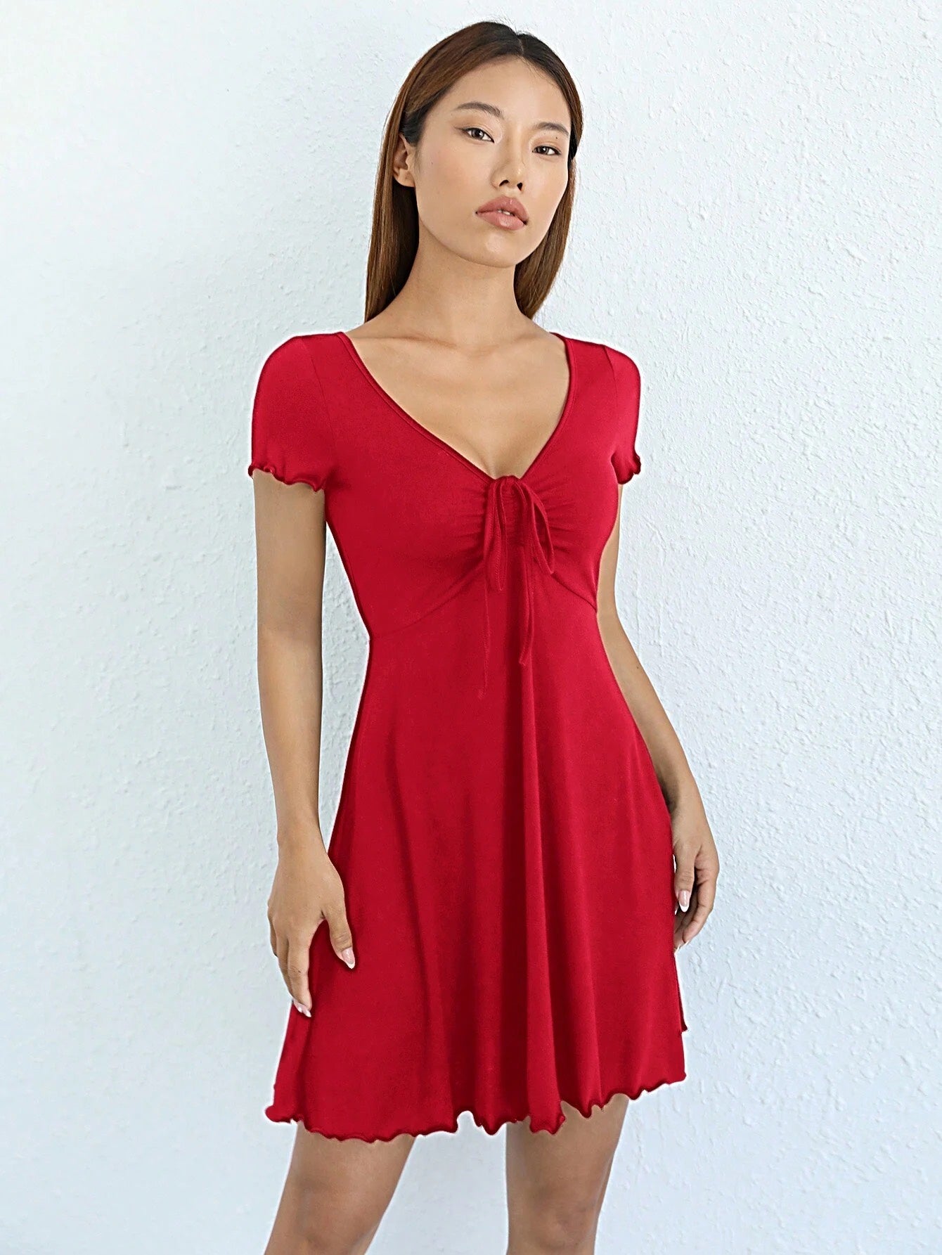 Red Knot Front Lettuce Trim Mini Dress | V-Neck Half Sleeve