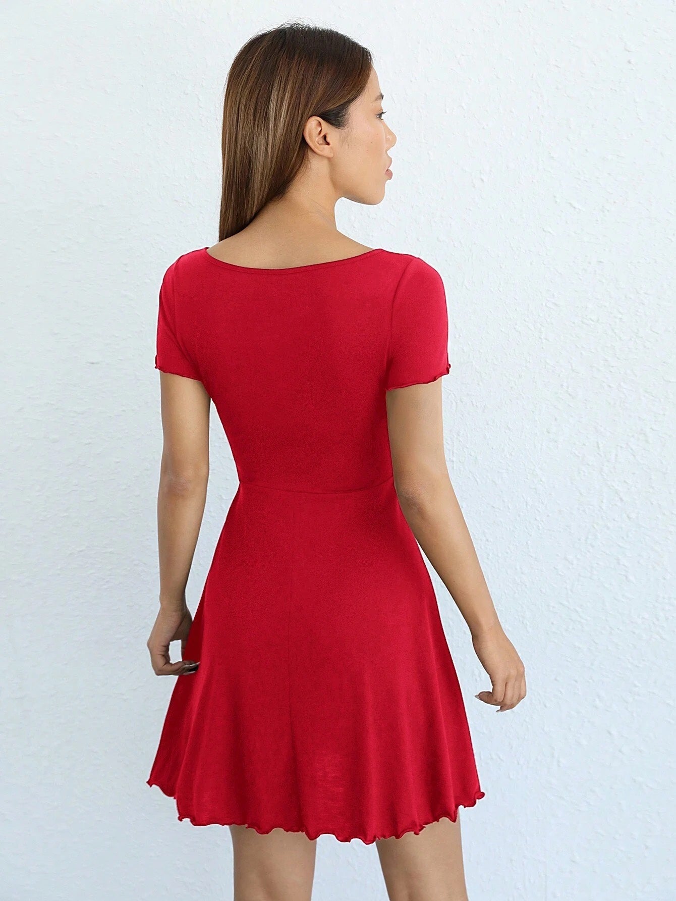 Red Knot Front Lettuce Trim Mini Dress | V-Neck Half Sleeve1