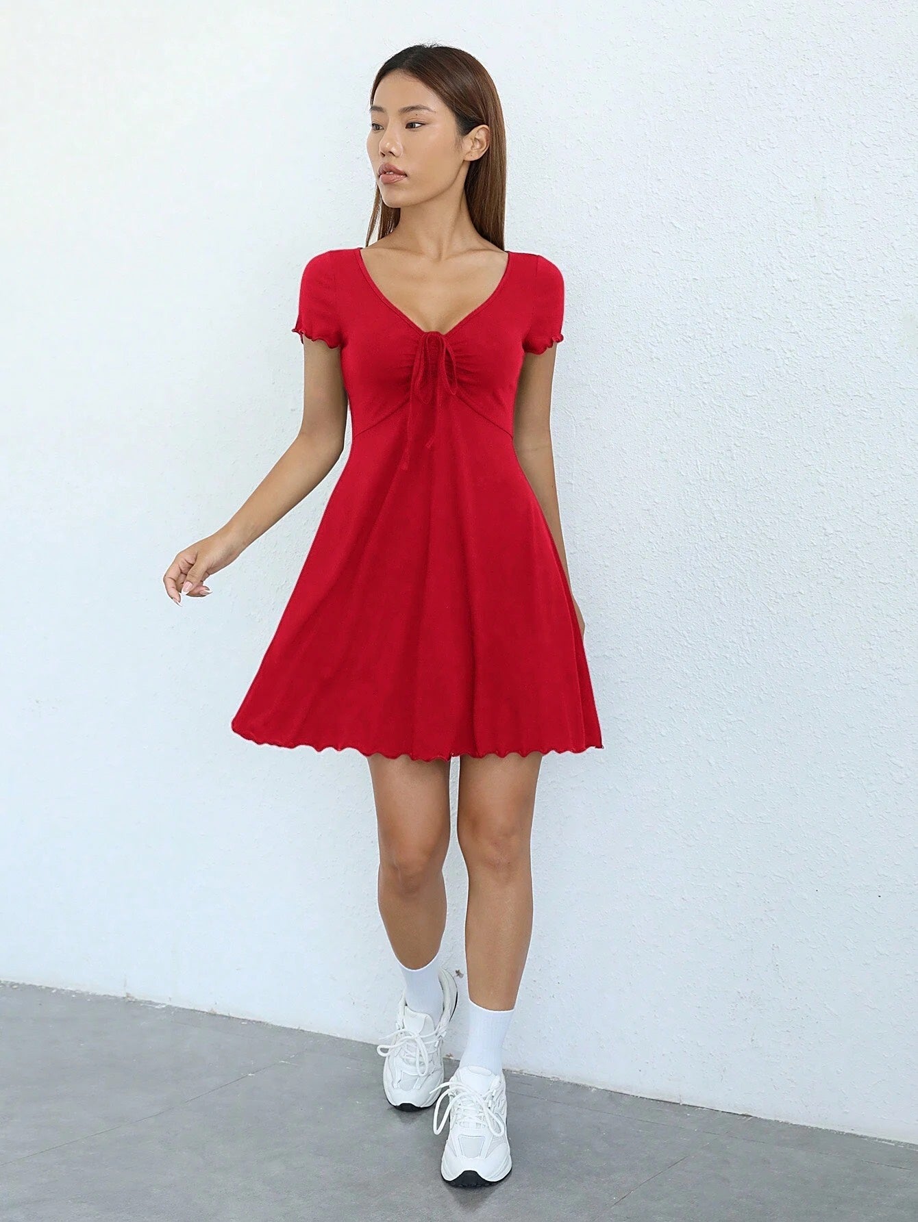 Red Knot Front Lettuce Trim Mini Dress | V-Neck Half Sleeve3