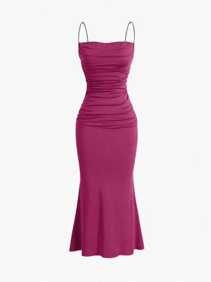 Elegant Pleated Mermaid Cami Maxi Dress – Ruched Backless Slip Dress for Evening & Parties
