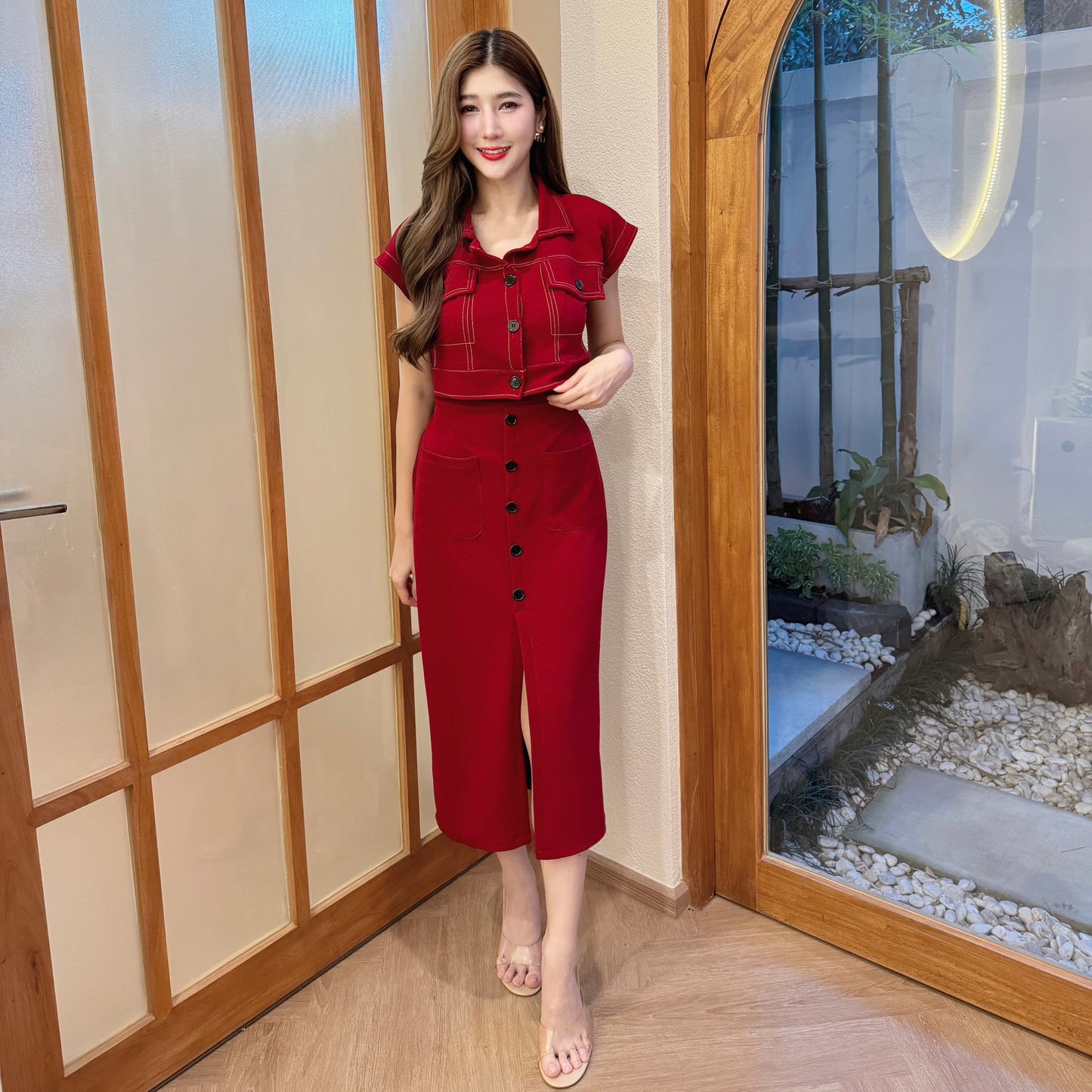 Wool Wave Skirt Co-ord Set with Button-Down Crop Top & Front Slit | Trendy Two-Piece Outfit