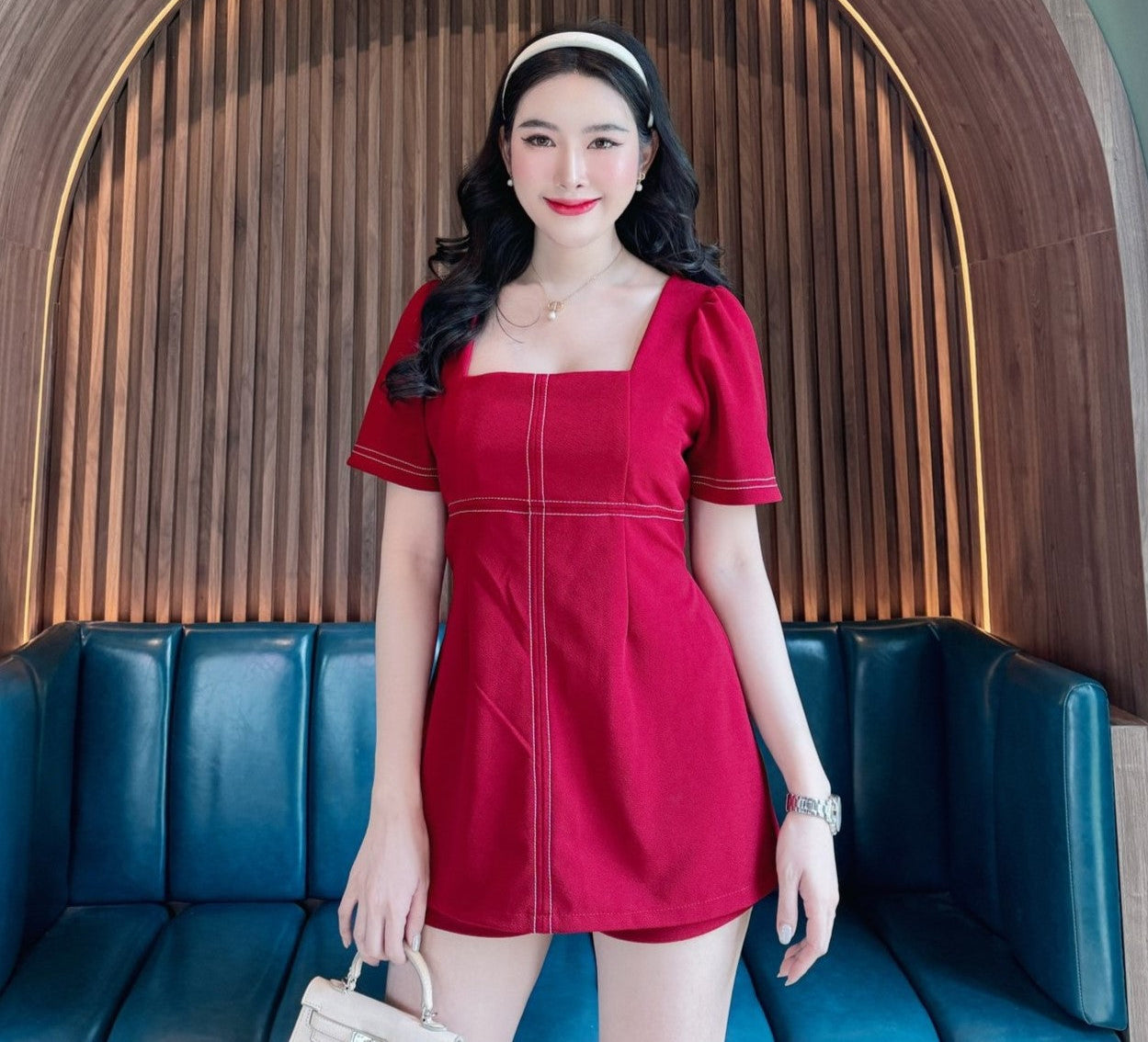 Trendy Wool Wave Fabric Set - Square Neck Side Slit Top & Matching Pants