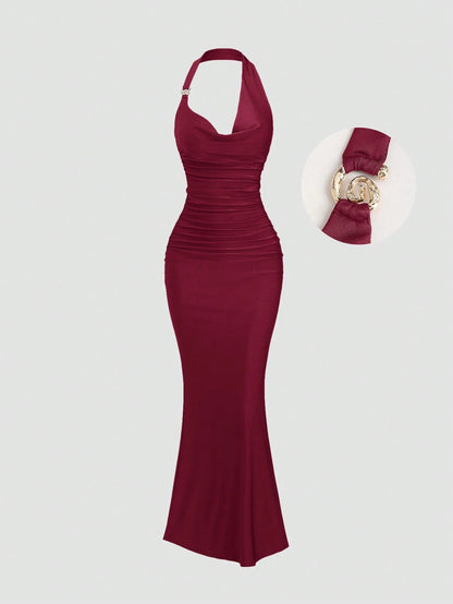 Red spaghetti strap belted long dress with a slim fit vintage silhouette and adjustable straps for women by Fashzeo.