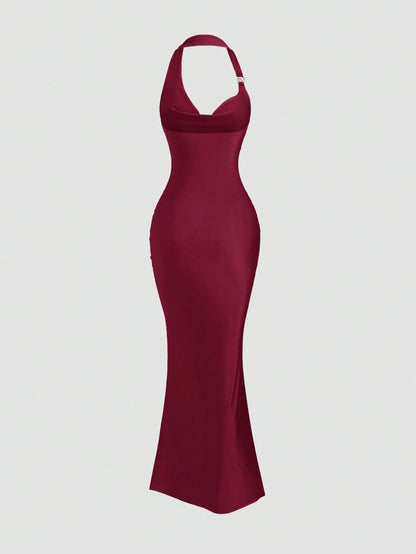 Red spaghetti strap belted long dress with a slim fit vintage silhouette and adjustable straps for women by Fashzeo.