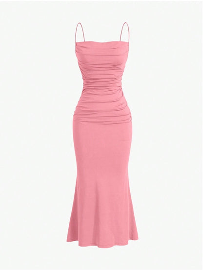 Elegant Pleated Mermaid Cami Maxi Dress – Ruched Backless Slip Dress for Evening & Parties