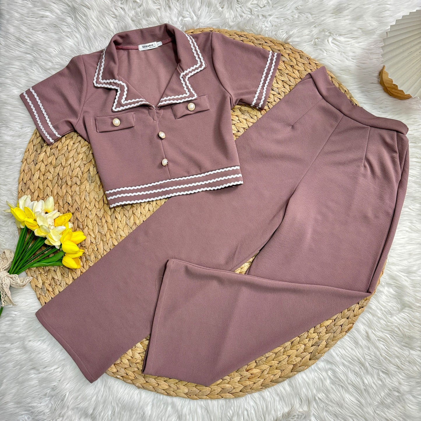 Wool Wave Co-ord Set with Collared Crop Top & Smocked Waist Pants | Chic Two-Piece Outfit