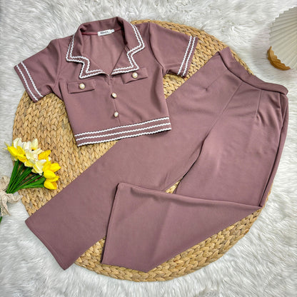 Wool Wave Co-ord Set with Collared Crop Top & Smocked Waist Pants | Chic Two-Piece Outfit
