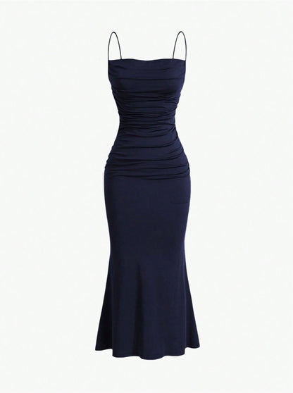 Elegant Pleated Mermaid Cami Maxi Dress – Ruched Backless Slip Dress for Evening & Parties