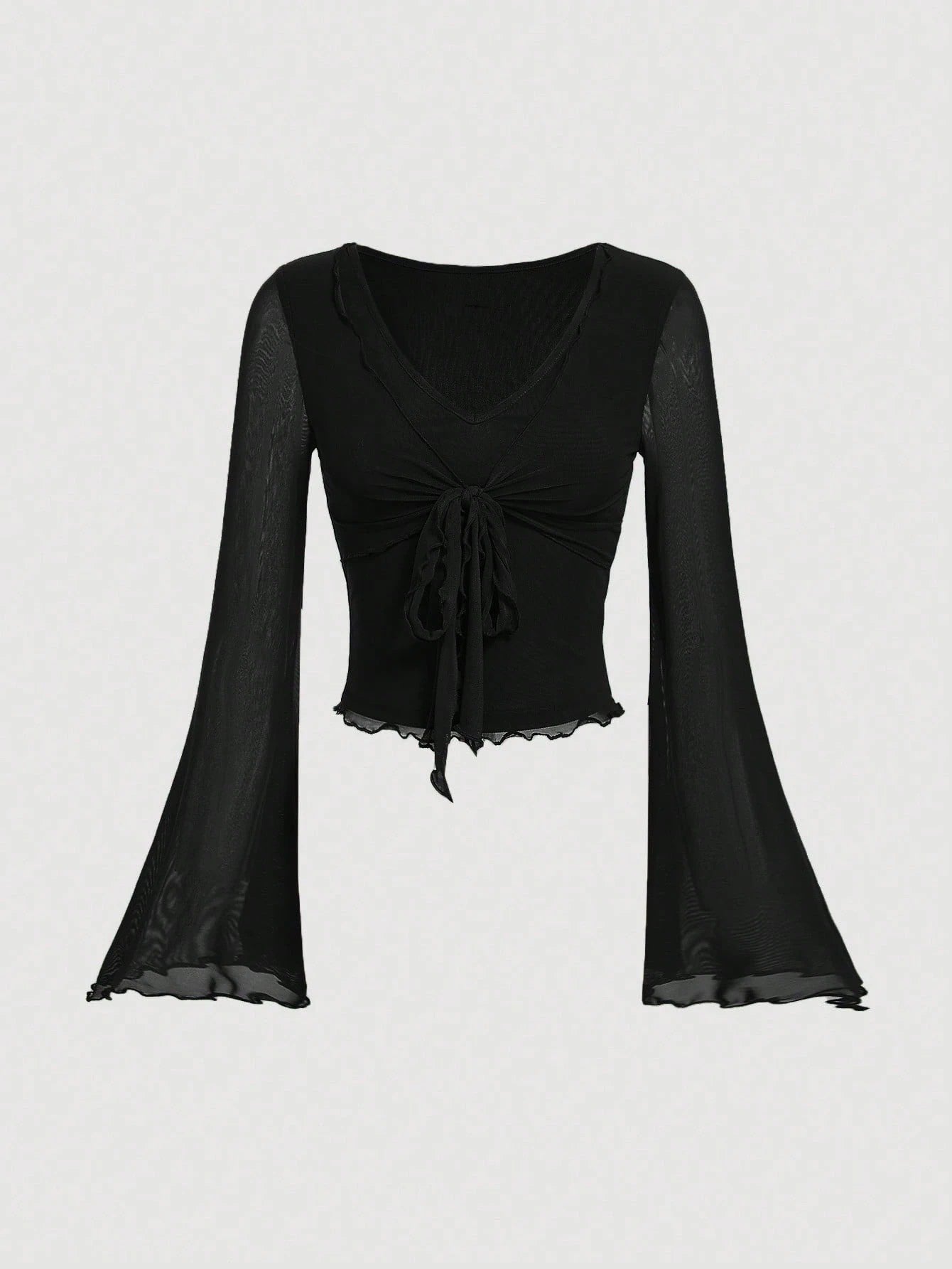 Fashzeo women's rose pink tie-front top with ruffled V-neck and dramatic sheer bell sleeves.