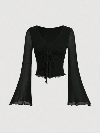 Fashzeo women's rose pink tie-front top with ruffled V-neck and dramatic sheer bell sleeves.