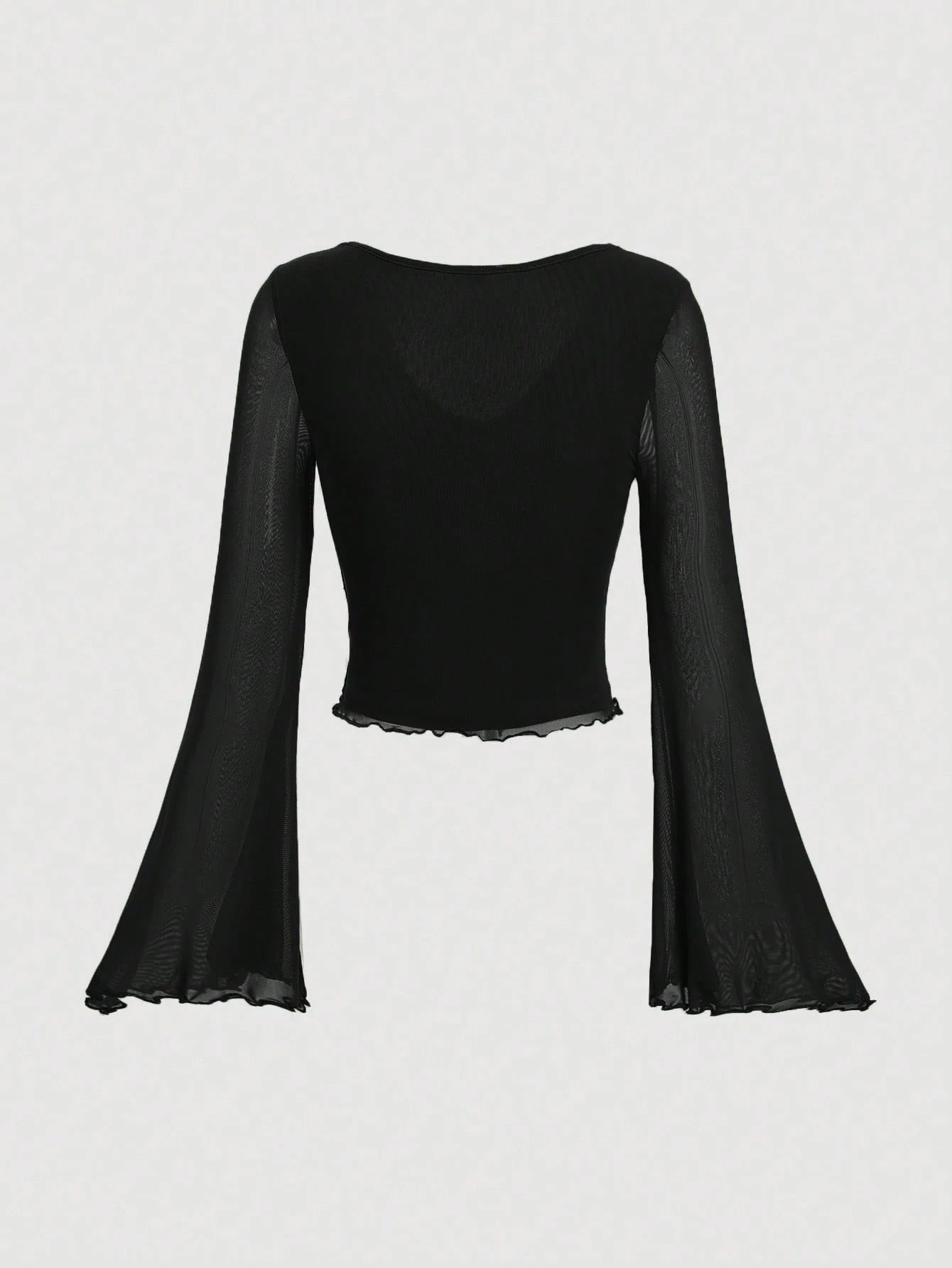 Fashzeo women's rose pink tie-front top with ruffled V-neck and dramatic sheer bell sleeves.