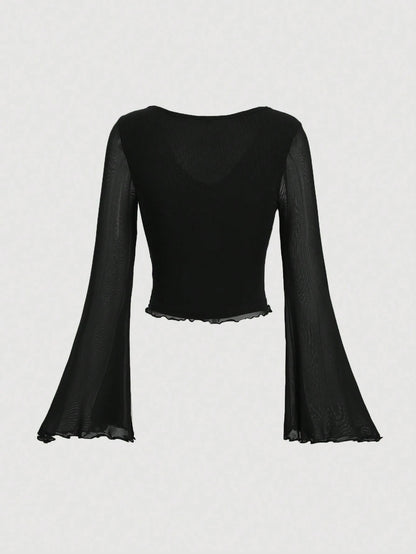 Fashzeo women's rose pink tie-front top with ruffled V-neck and dramatic sheer bell sleeves.