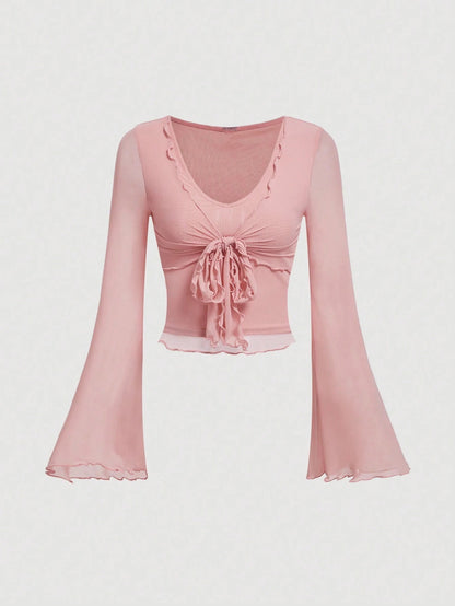 Fashzeo women's rose pink tie-front top with ruffled V-neck and dramatic sheer bell sleeves.