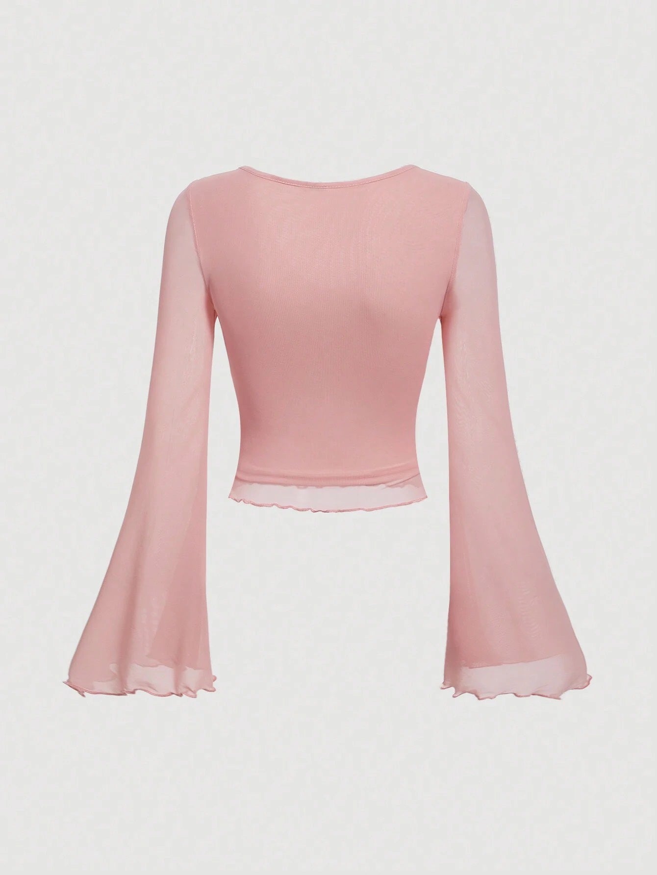 Fashzeo women's rose pink tie-front top with ruffled V-neck and dramatic sheer bell sleeves.