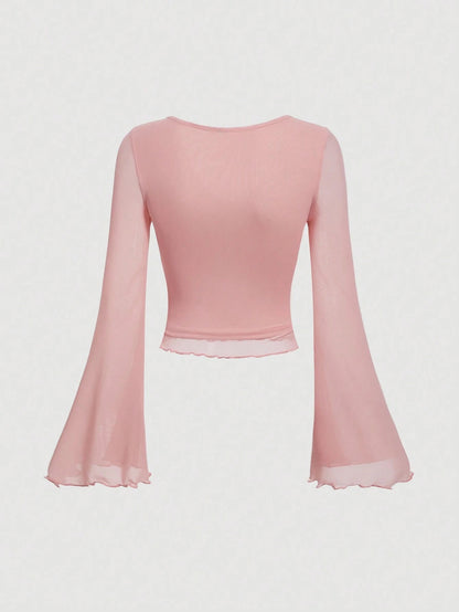 Fashzeo women's rose pink tie-front top with ruffled V-neck and dramatic sheer bell sleeves.