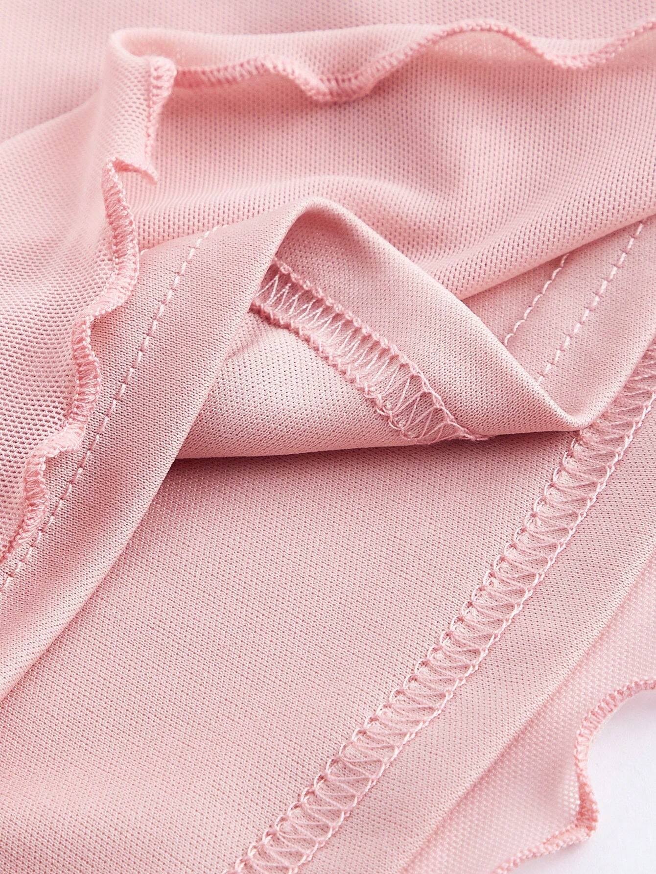 Fashzeo women's rose pink tie-front top with ruffled V-neck and dramatic sheer bell sleeves.