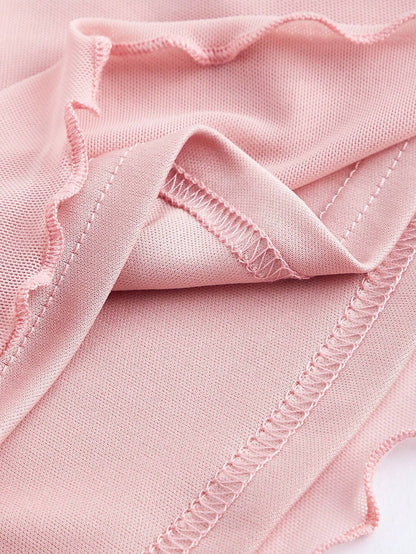Fashzeo women's rose pink tie-front top with ruffled V-neck and dramatic sheer bell sleeves.