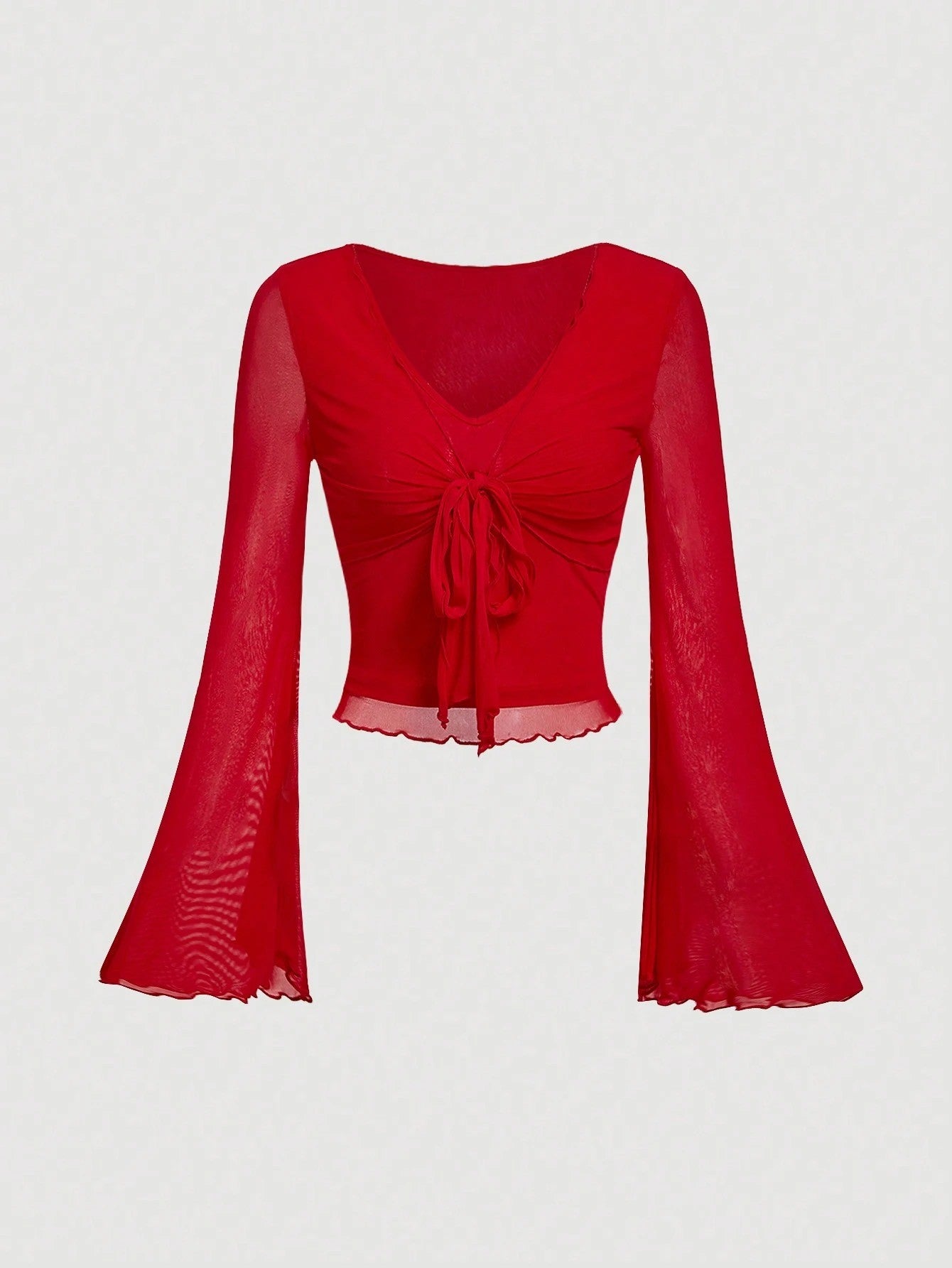 Fashzeo women's rose pink tie-front top with ruffled V-neck and dramatic sheer bell sleeves.