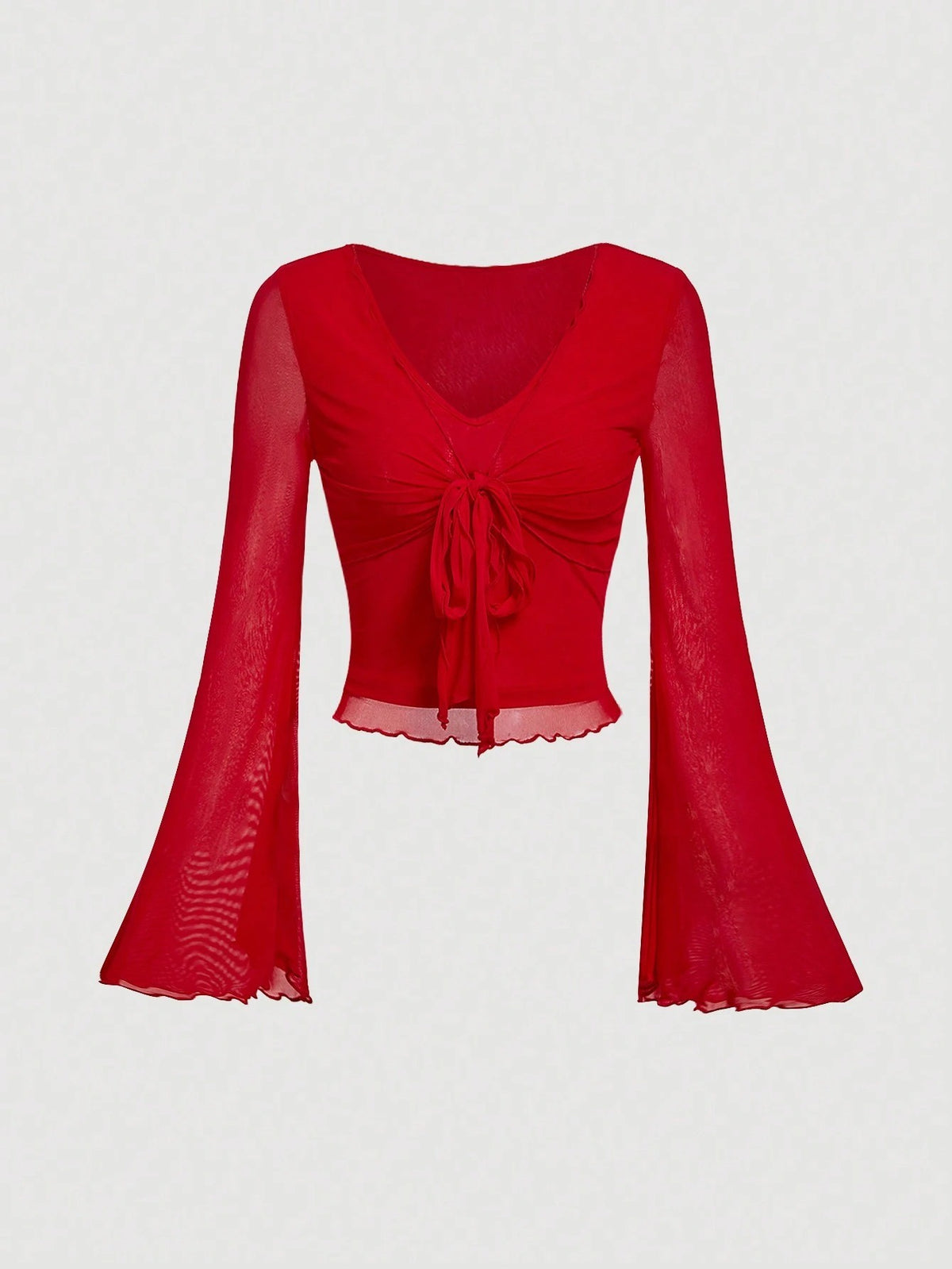 Fashzeo women's rose pink tie-front top with ruffled V-neck and dramatic sheer bell sleeves.